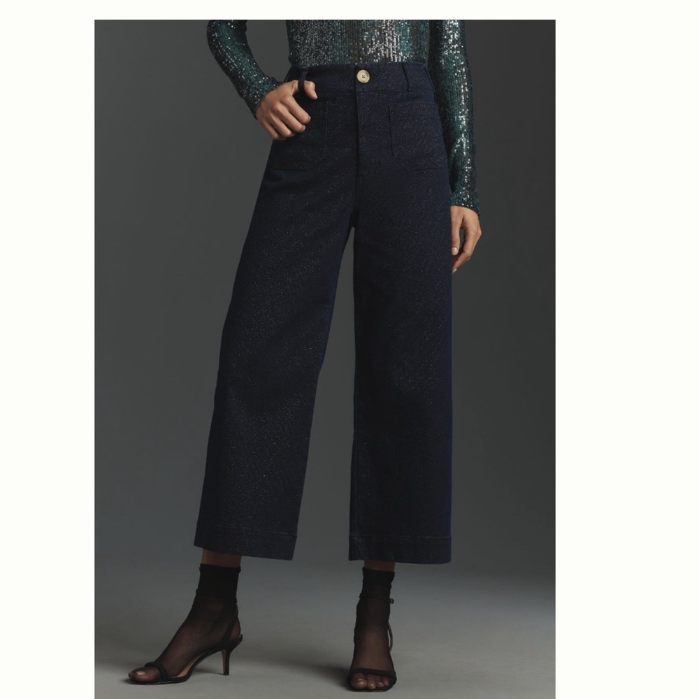NWT Anthropologie The Colette Sparkle Denim Cropped Wide- Leg Jeans by Maeve